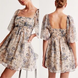 NWOT Abercrombie & Fitch Emerson Angel Sleeve Blue Floral Babydoll Mini Dress XS